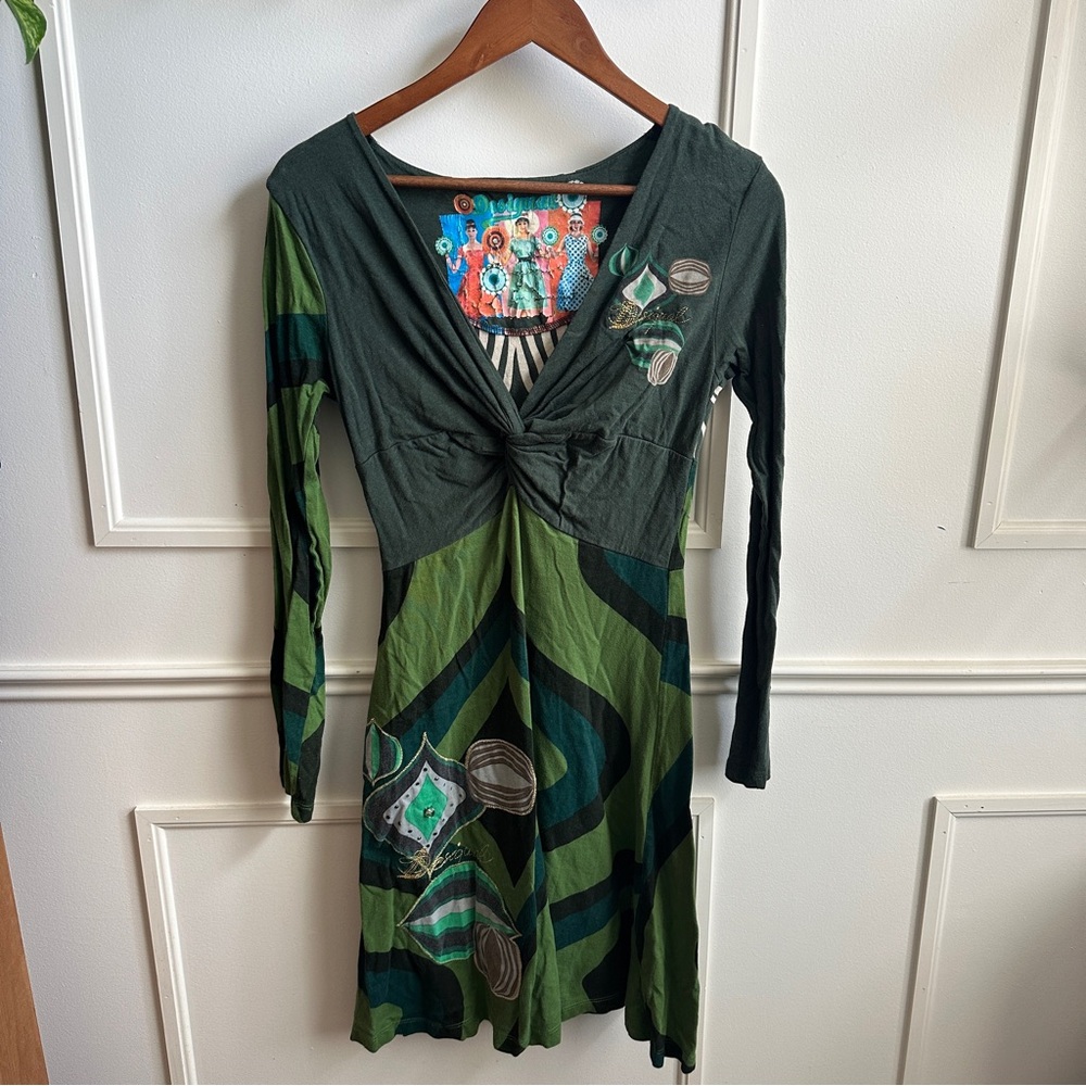 Desigual Green & Dark Green Long Sleeve Midi Dress